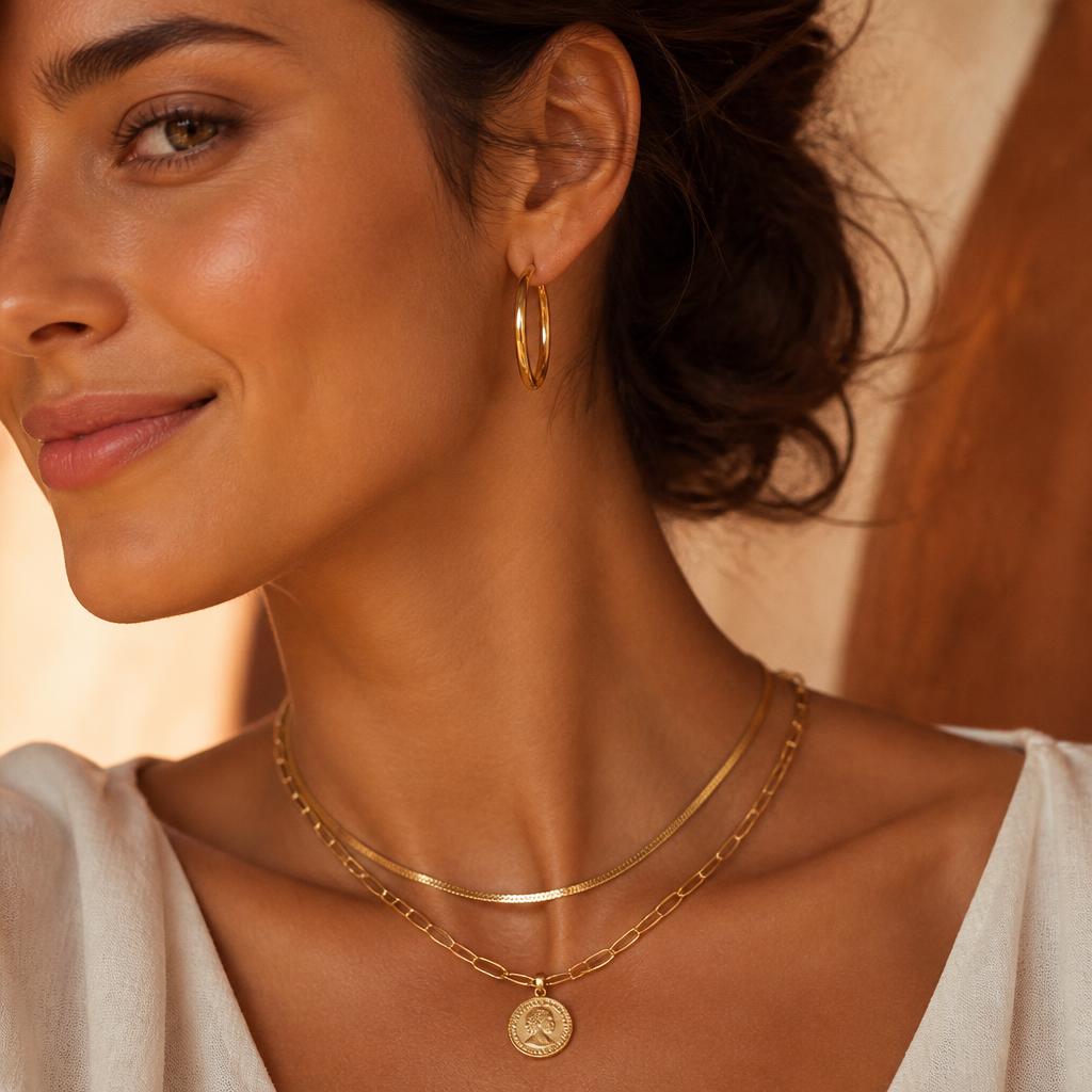 A woman wearing gold plated hoop earrings and layered necklaces