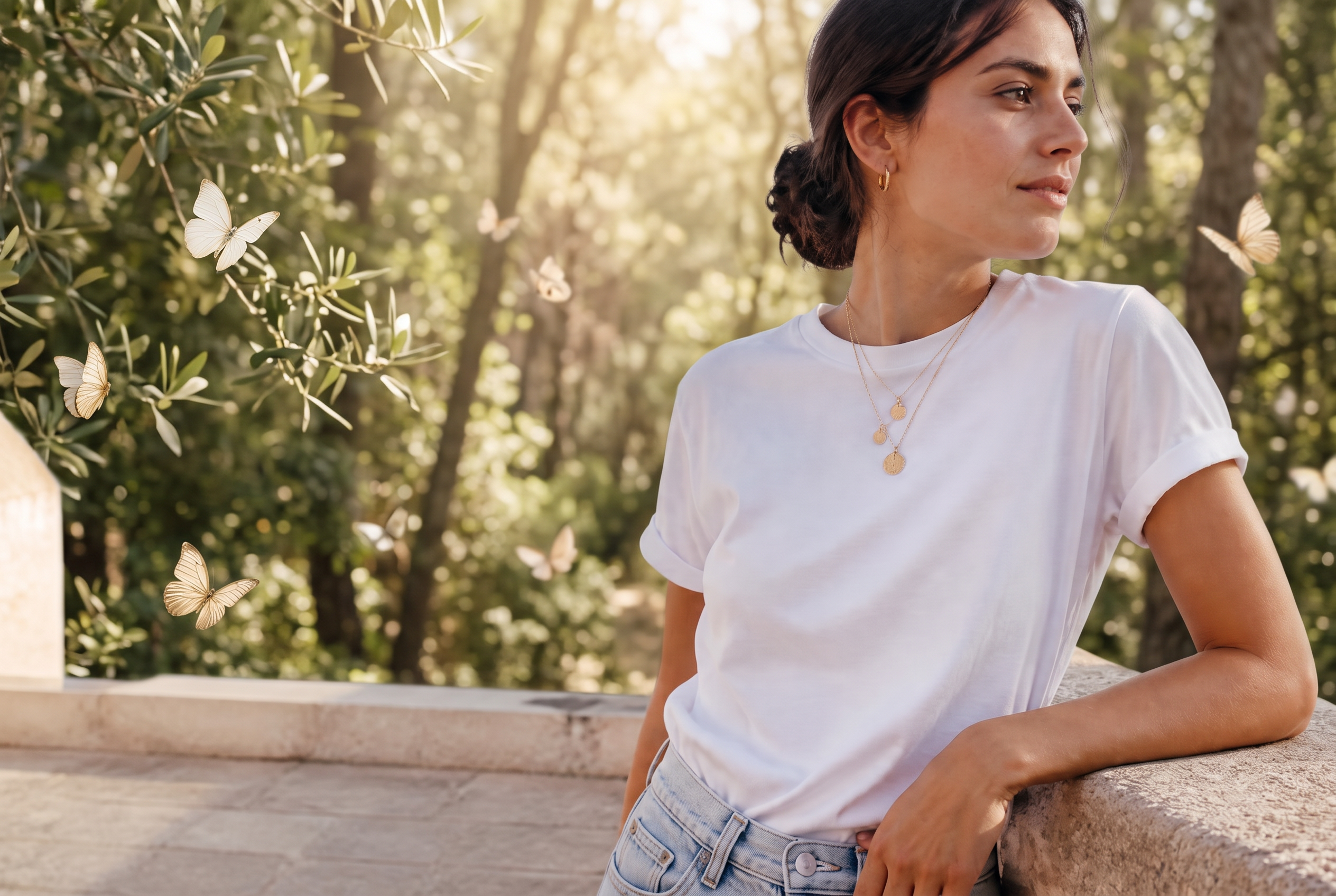 Model in a white tee wearing layered gold plated necklaces in a sunlit butterfly forest