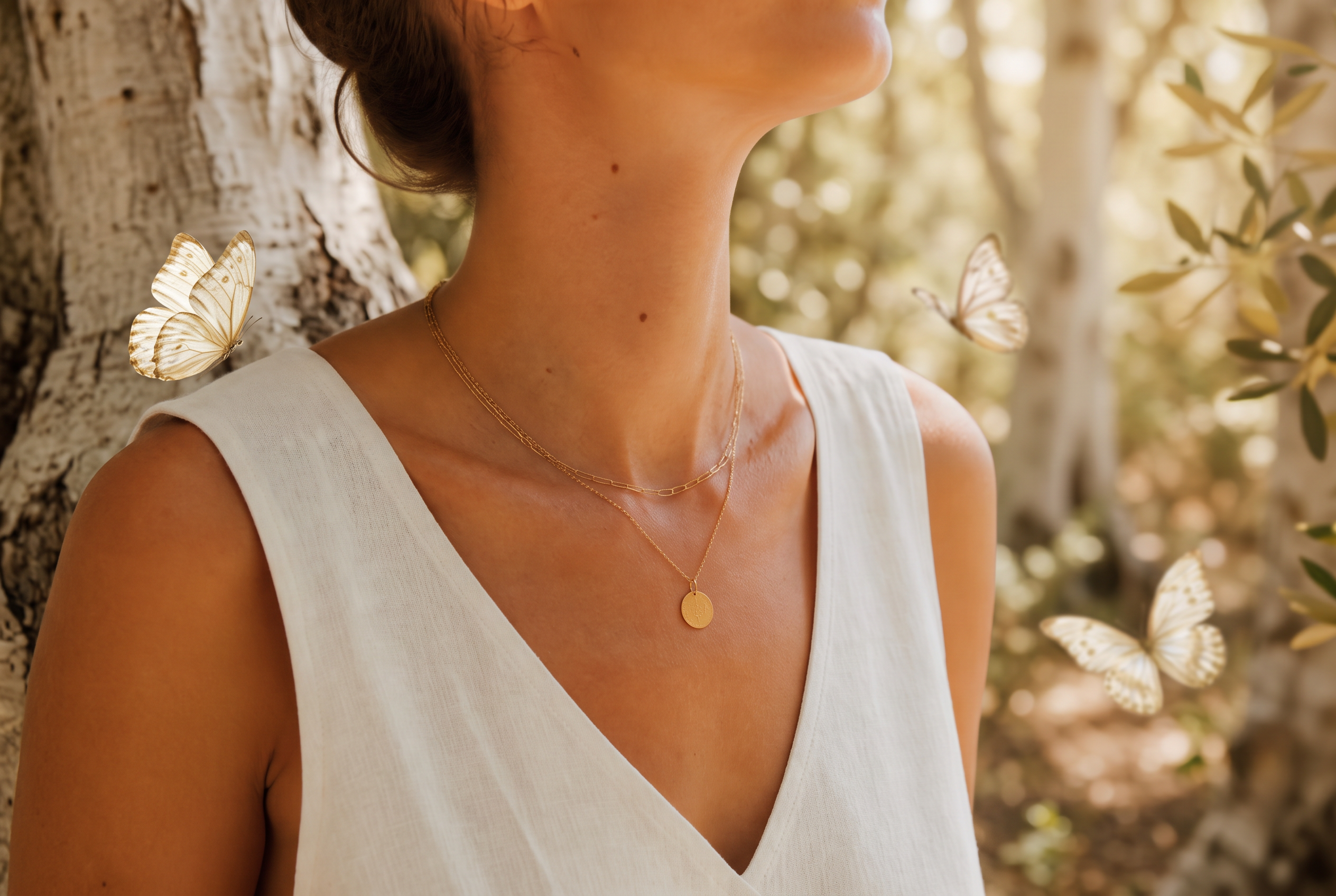 Close up of fine gold plated chain necklaces in a warm woodland setting