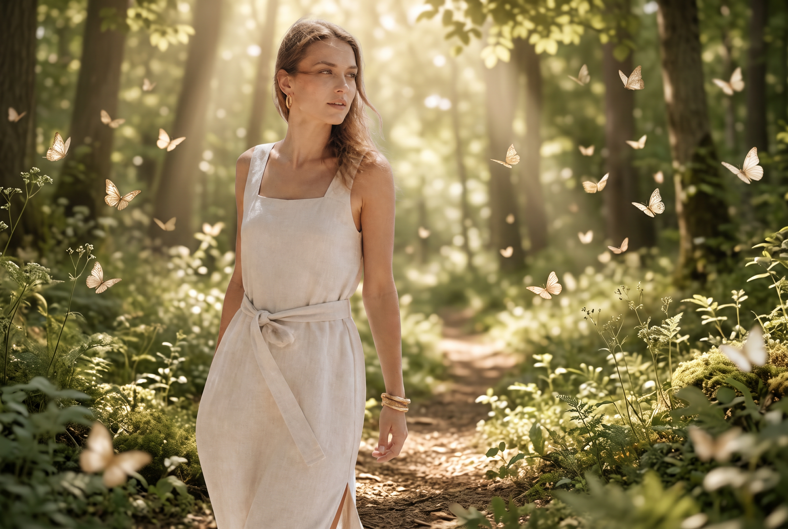 Model walking through a butterfly forest wearing gold plated bracelets