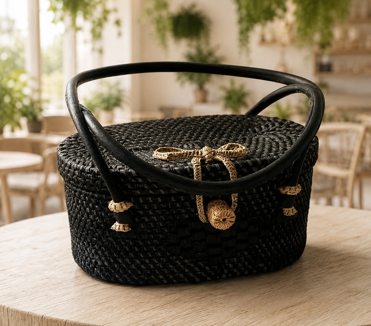 Mini Woven Rattan Top Handle Bag – Chic Boho Petite Purse: Black