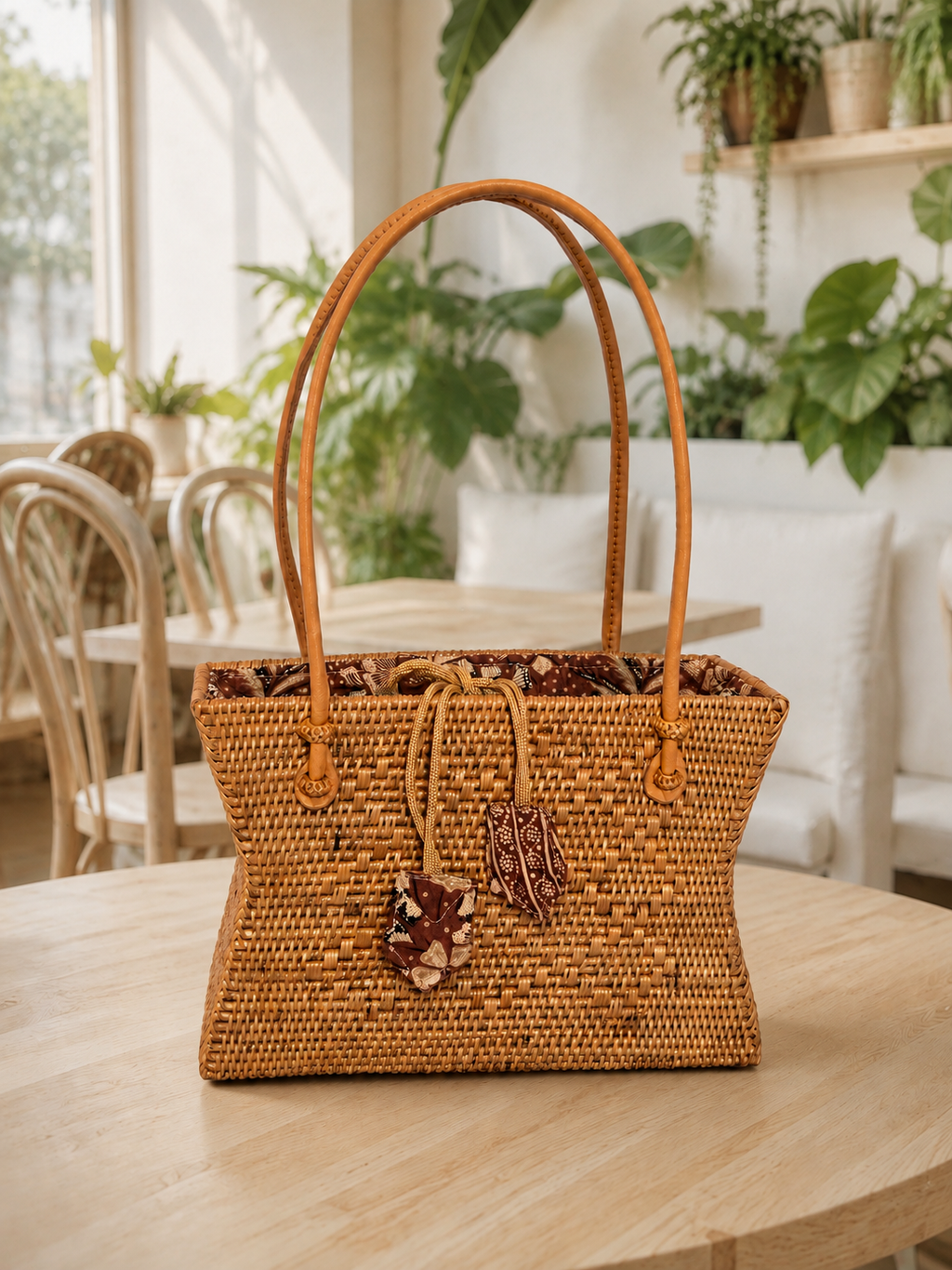 Balinese Ata Rattan Mini Tote - Leather Handles