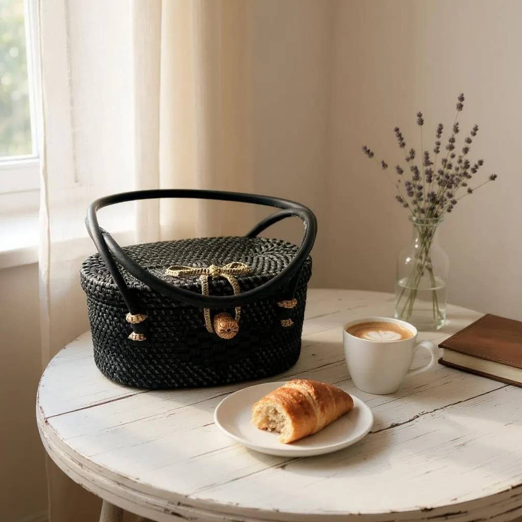 Mini Woven Rattan Top Handle Bag – Chic Boho Petite Purse: Black