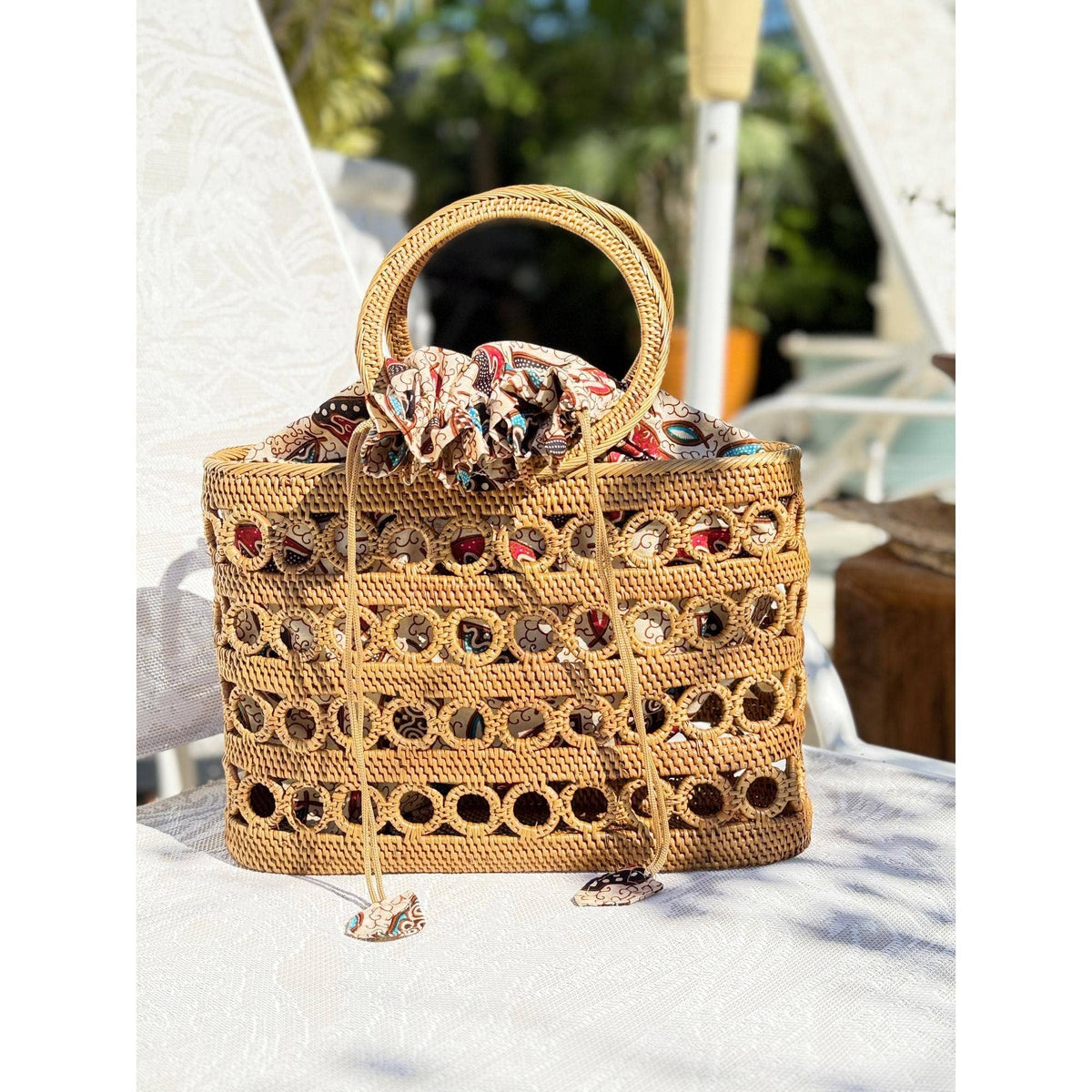 Rattan Tote Bag - Handwoven Cincin Pattern - Batik Lined