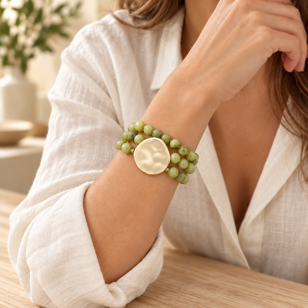 Organic Marbled Bead Layered Statement Bracelet: Olive