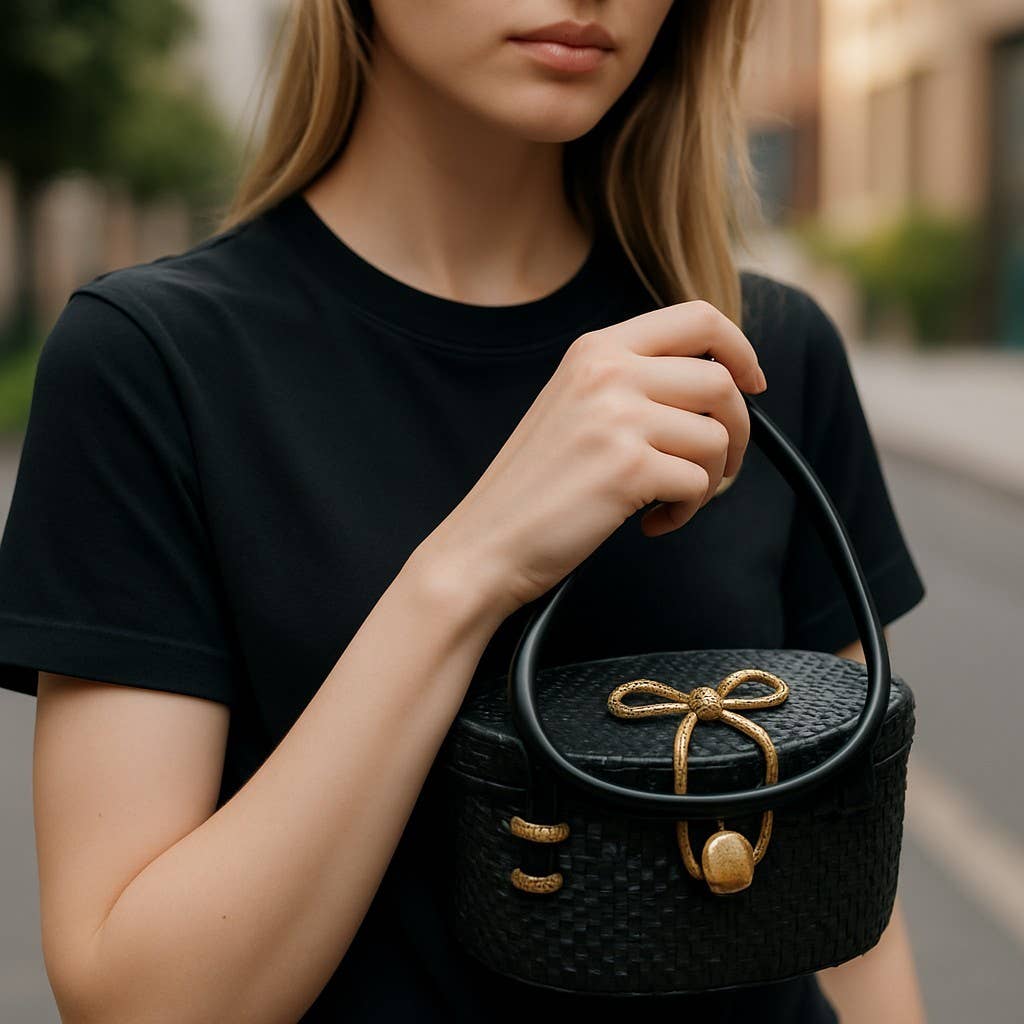 Mini Woven Rattan Top Handle Bag – Chic Boho Petite Purse: Black