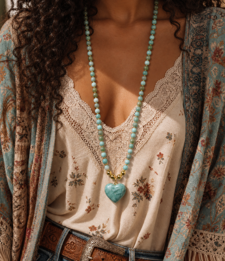 Amazonite Beaded Necklace | Handmade Boho Heart Necklace
