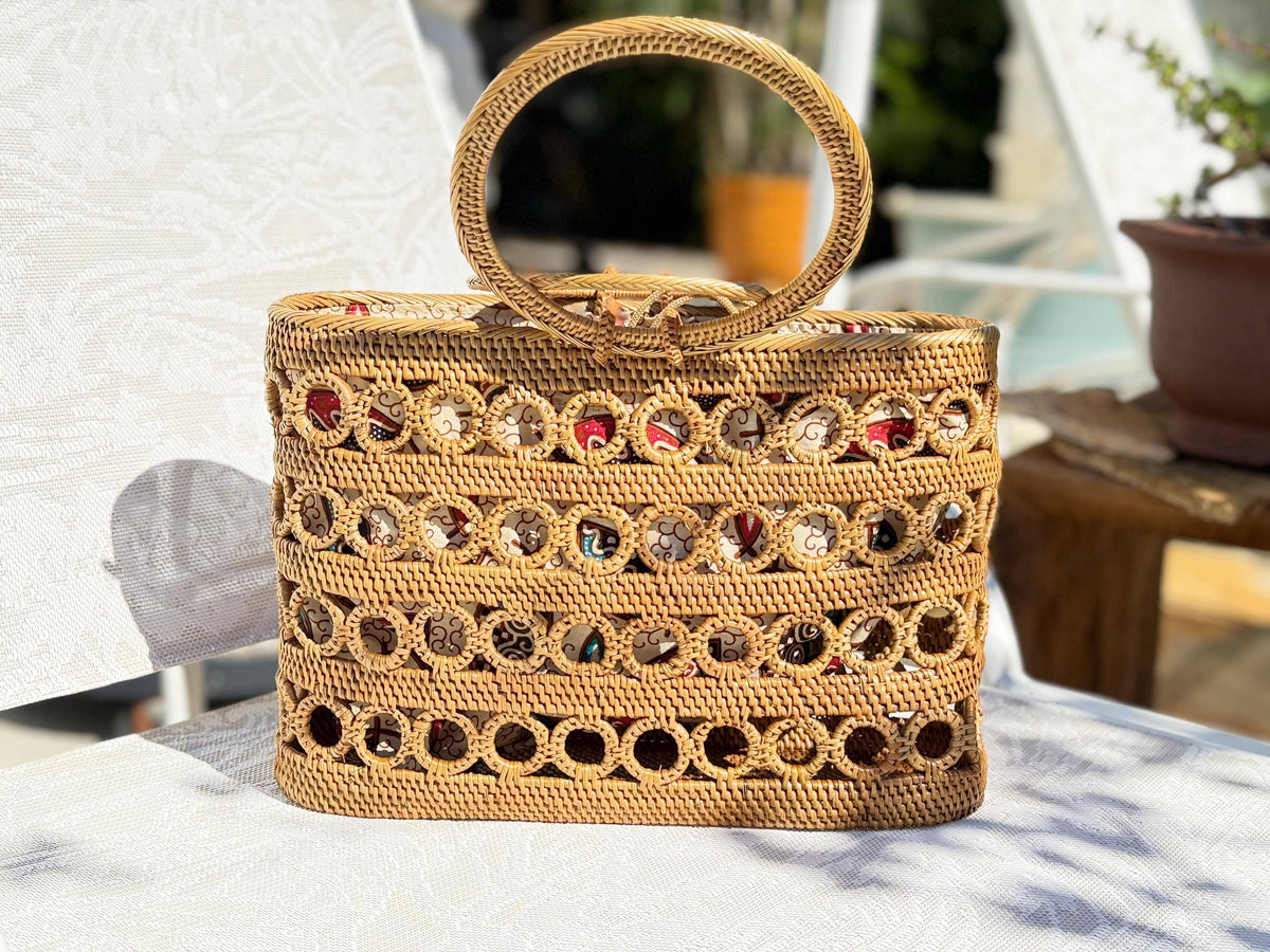 Rattan Tote Bag - Handwoven Cincin Pattern - Batik Lined