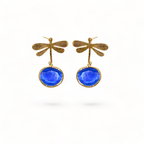 Blue Catseye with Dragonfly Handmade Gold Earrings
