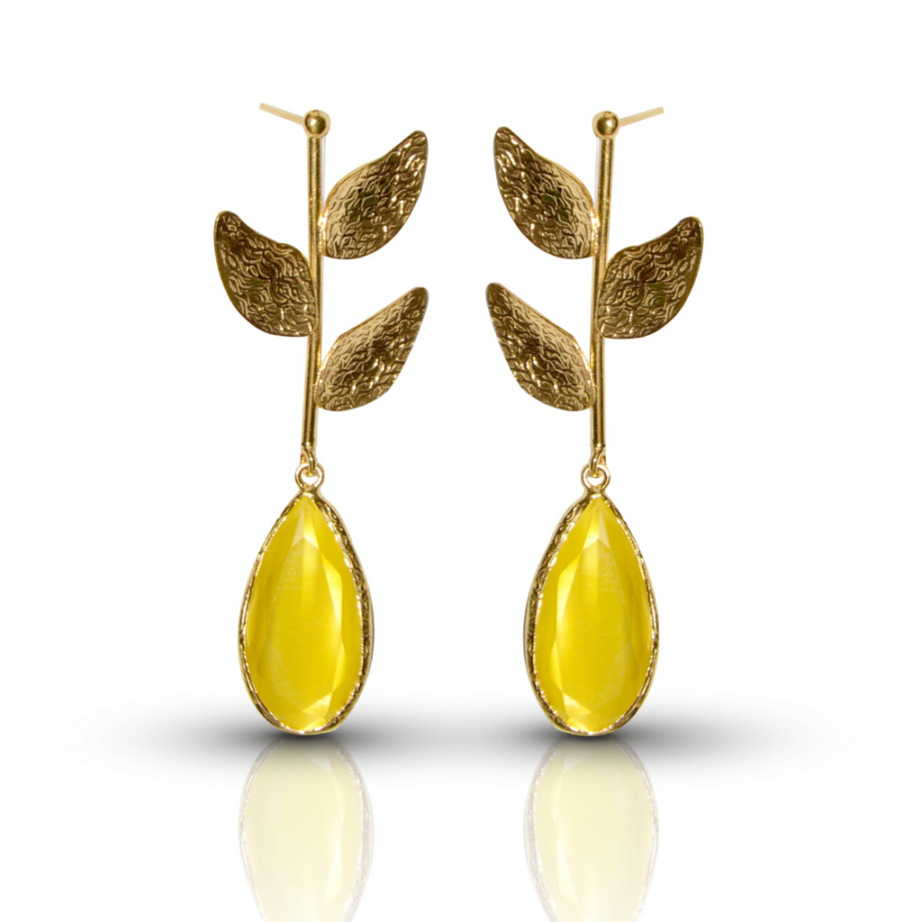 Mustard Yellow Catseye Leaf  Handmade Gold Earrings