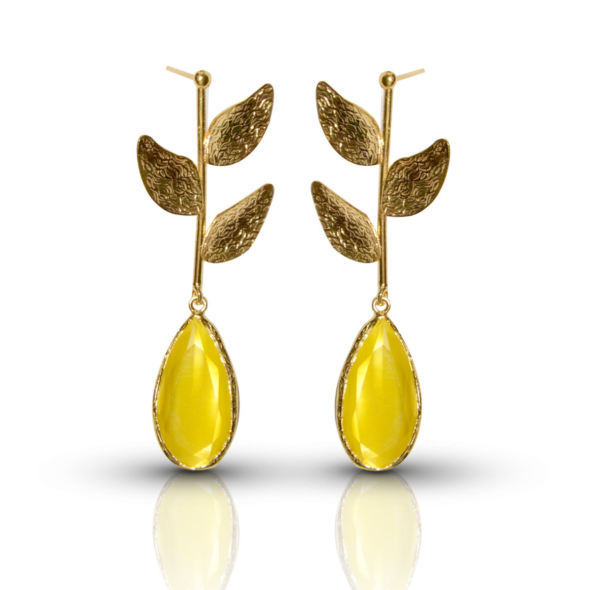 Mustard Yellow Catseye Leaf  Handmade Gold Earrings