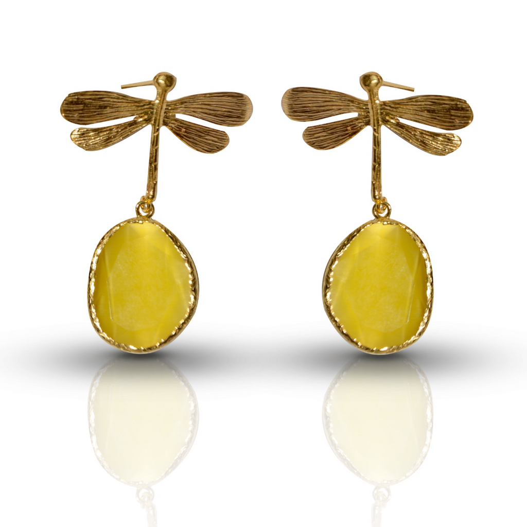 Mustard Yellow Catseye Dragonfly Handmade Gold Earrings