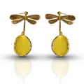 Mustard Yellow Catseye Dragonfly Handmade Gold Earrings