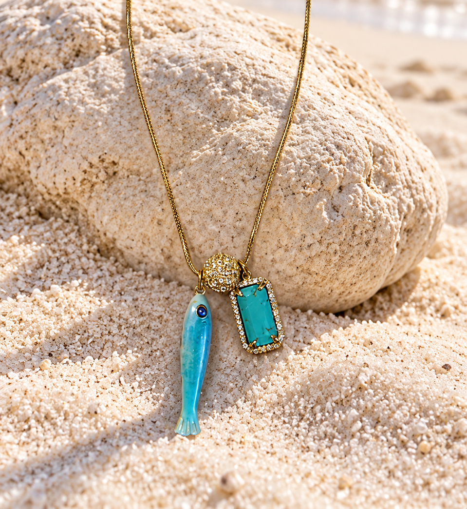 Fish & Gemstone Charm Necklace · Spiritual Talisman: Turquoise